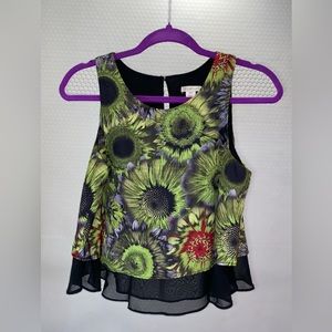XHILARATION Sleeveless Green Sunflower Blouse with Sheer Bottom Size Small EUC